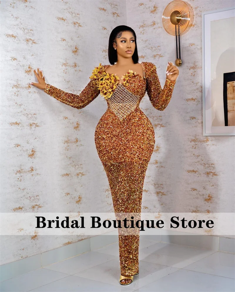 

Luxury African Evening Dress Elegant 2022 Long Sleeve Sequins Crystal Birthday Party Exquisit Wedding Gowns Robes De Soirée