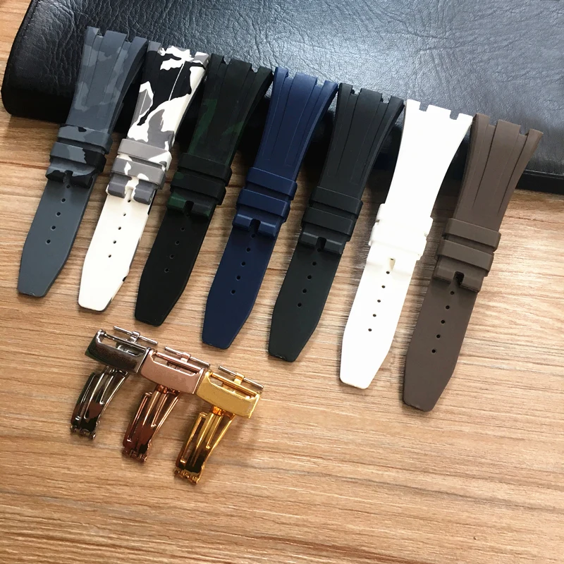 

26mm High Quality Camo Gray White Black Blue Brown Green silicone Rubber Watch Band deployment Clasp For AP Royal Oak Bracelet