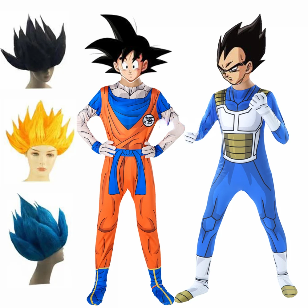

Baby Kids Adult Suit Son Goku Majin Vegeta Cosplay Costume Anime Superhero Jumpsuit Black Hair Halloween Costume