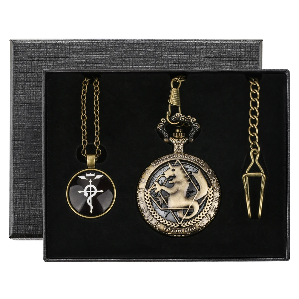 Bronze Pocket Watch Necklace Hollow Tone Fullmetal Pocket Watch Gifts Sets for Male Anime Cosplay Pendant Clock Relógio De Bolso