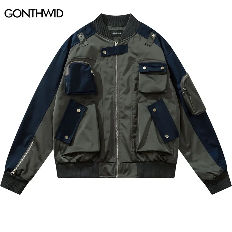 

Мужская ветровка GONTHWID в стиле хип-хоп, куртка с капюшоном на молнии спереди и карманом на молнии 2023, куртка, пальто, Лоскутная уличная одежда ...