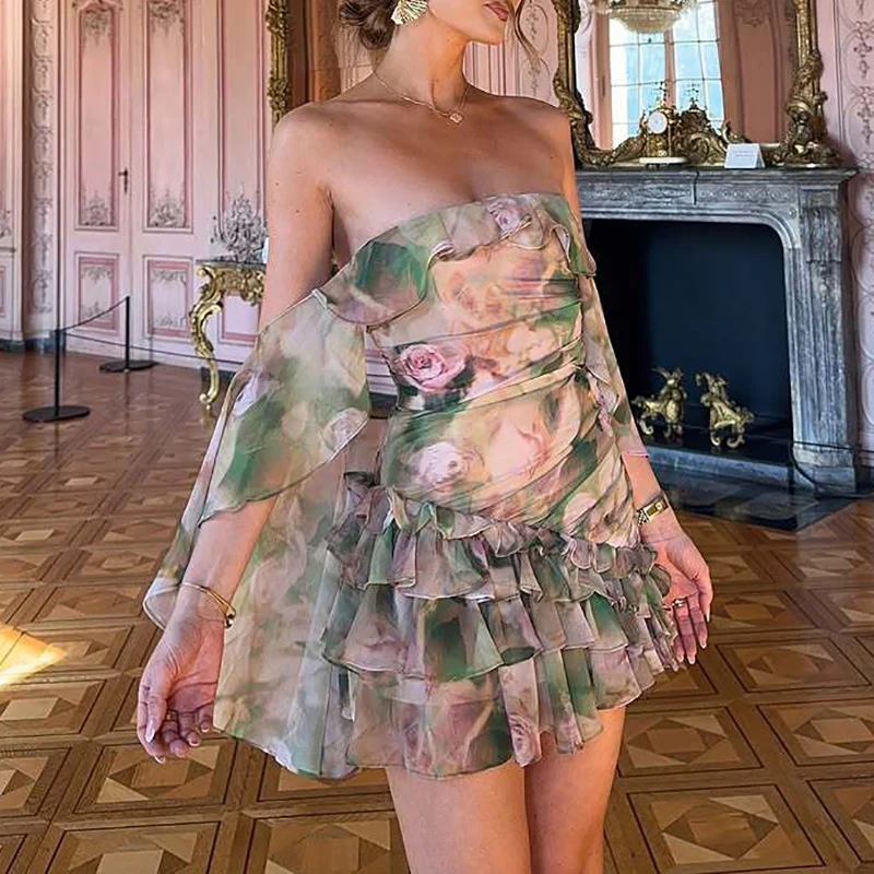 Женское вечернее платье без бретелек с рюшами и сексуальное плиссированное