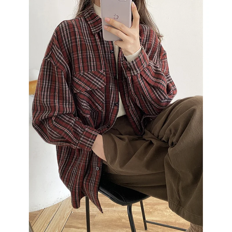 Navy Blue Plaid Blazer Suit Women Casual Cardigan Style Shirt Blazer Office 2023 New Street Fashion Single Commute Suit Breasted