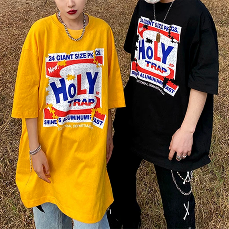 

American Punk Goth Vintage Puzzle Letters Graphic T Shirts Oversized Yellow Black Tops 2022 Summer Large 2XL Korean Fashion Tees