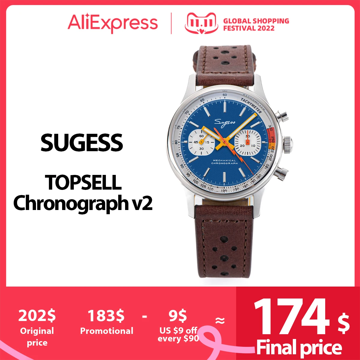 Купить 1963 Часы-пилот Sugess, механические наручные часы с хронографом, часы Seagull ST19, с сапфировым стеклом, с механизмом Swanneck, с кожаным ремешком