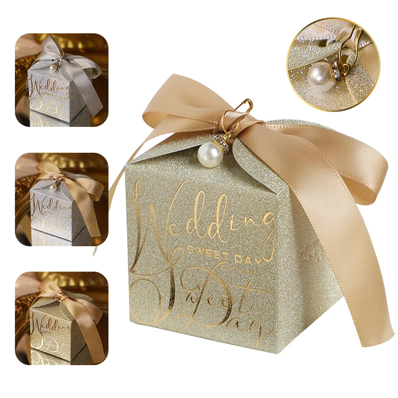 

Свадебная коробка для конфет с Жемчужной Лентой и бантом, блестящая пудра, ракушки, шоколадные подарочные коробки, Свадебный декор, для детского дня рождения, для вечеринки