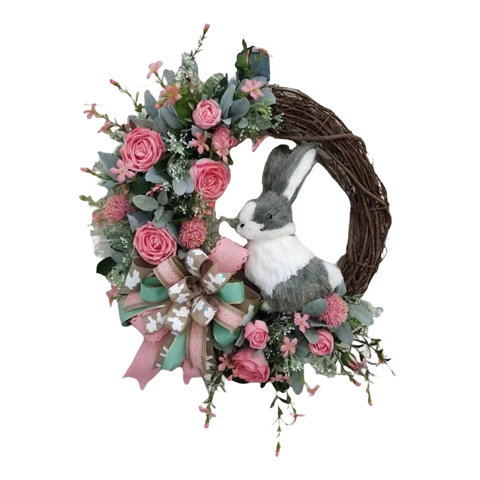 

Пасхальный весенний венок с большим бантом, искусственные цветы, розовая роза, гирлянда для дома, окна, праздничное пасхальное украшение