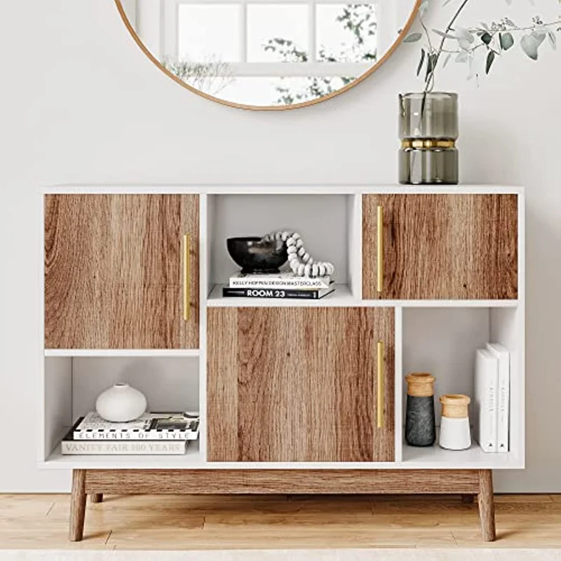 

Display Shelves and Doors, Entryway Modern Buffet or Kitchen Sideboard with Glam Gold Brass Accent