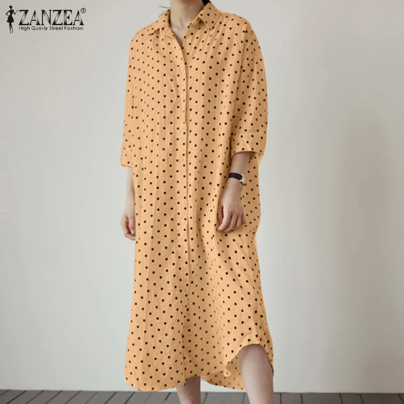 

ZANZEA Spring Women Polak Dot Printed Sundress Vintage Lapel Neck 3/4 Sleeve Loose Casual Midi Dress Robe Femme Buttons Vestidos
