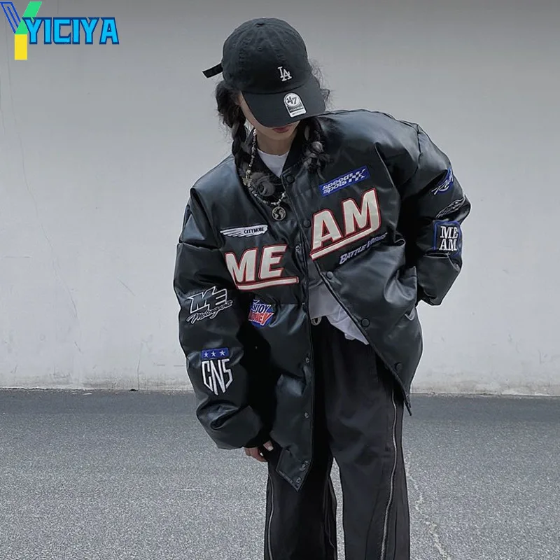 YICIYA Bomber Down Jacket Thicken Women Varsity Black Leather Jacket American Racing Motorcycle University Warm Long Sleeve Coat