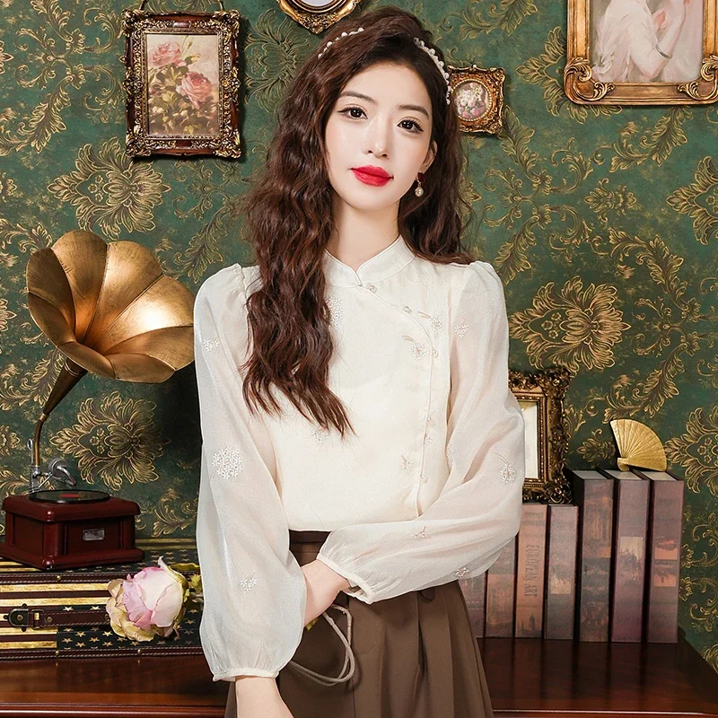 New Long Sleeve Stand Collar Women Blouse Embroidery Shirt Tops Blouses Shirts Blusas Para Mujer Camisas Blusa M677