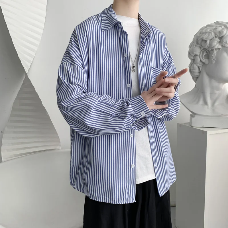 

Весенние полосатые рубашки, мужская мода, мужские классические рубашки, корейские свободные повседневные рубашки с карманами, мужские руба...