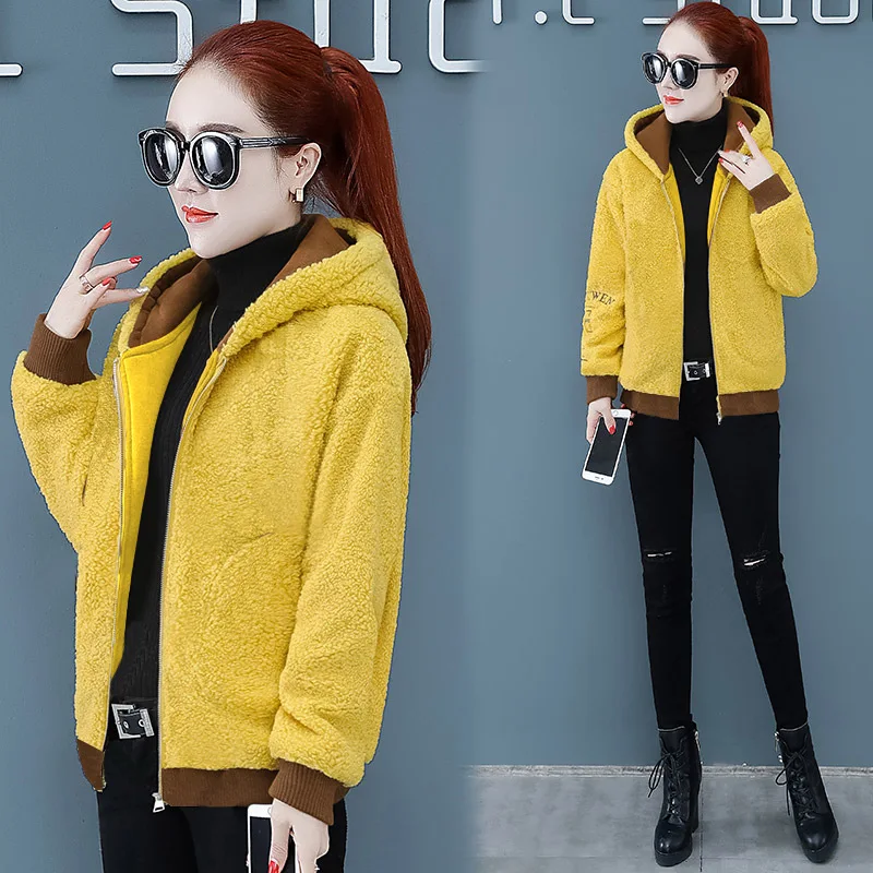 Faux Lamb Fur Thickened Coat for Women 2022 Winter New Korean Loose Warm Coat Small Fragrant Hooded Coat Basic  Fur Jackets