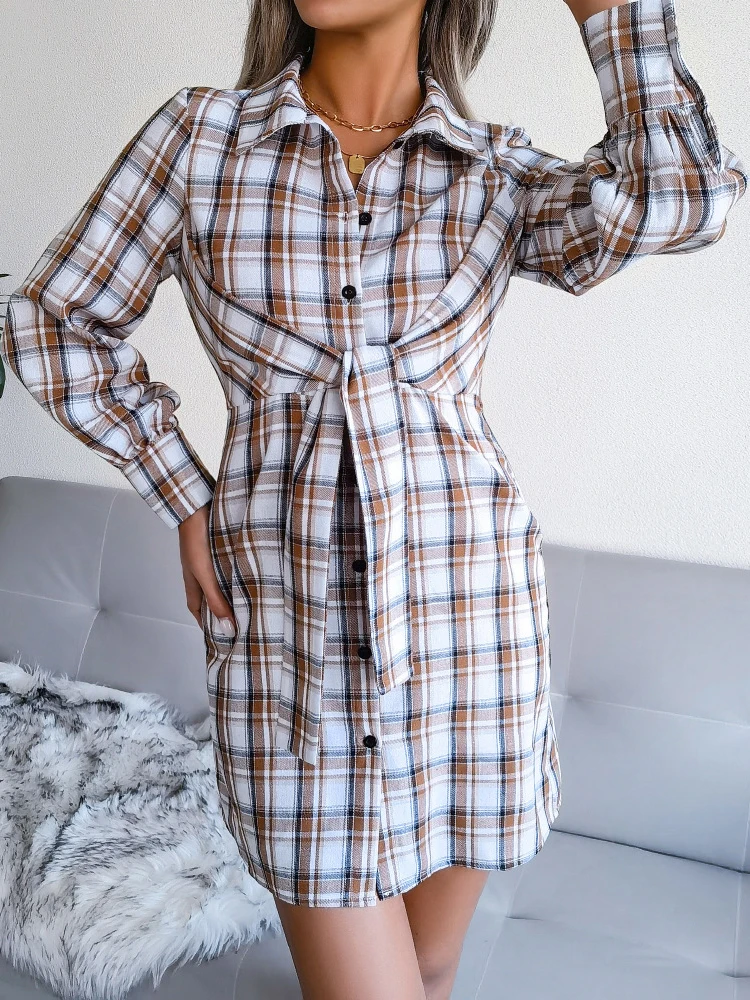 

Женское винтажное платье-рубашка на пуговицах, свободное элегантное платье с длинным рукавом, отложным воротником и шнуровкой, весна 2022