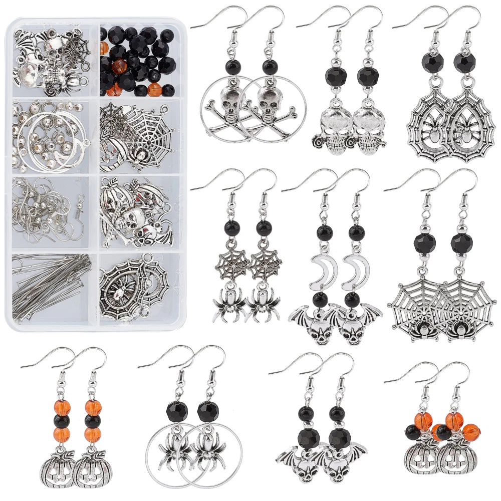 

1 Box DIY 10 Pairs Halloween Spider Charms Earring Making Kits Mixed Skull Pumpkin Pendants Beads Hooks Jewelry Crafts Supplies