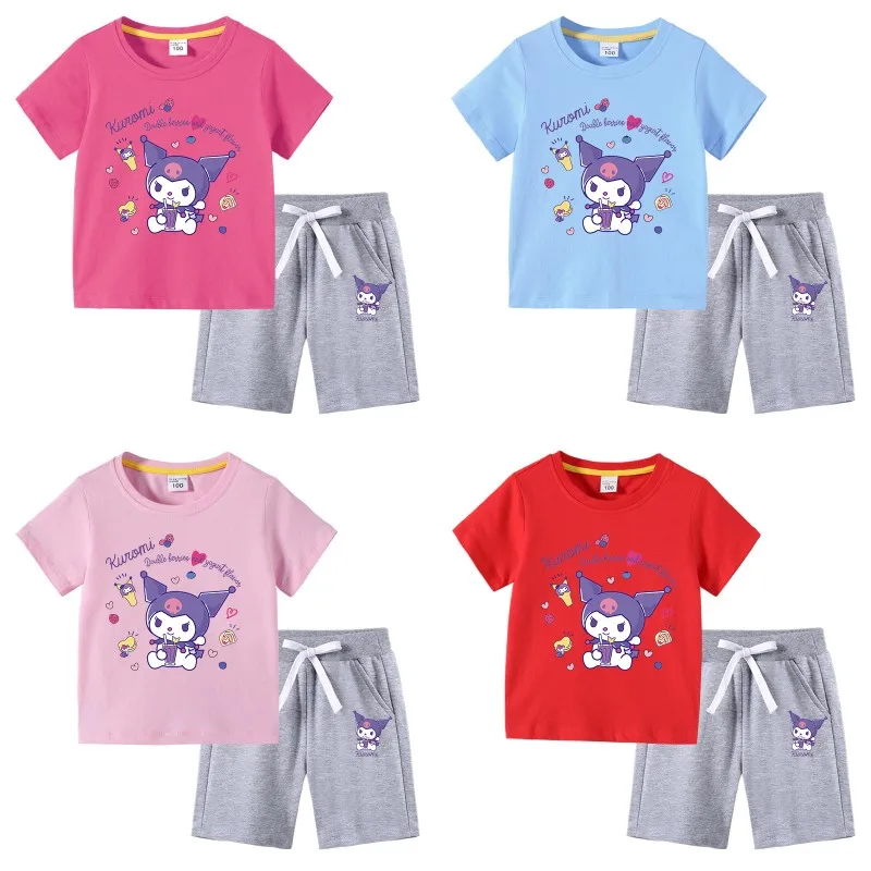 

Kawaii Sanrio Anime Kuromi Tshirt Kids Clothes Cartoon Tops T-Shirt Set Boys Summer Short Sleeves Tees Girl Children Clothing