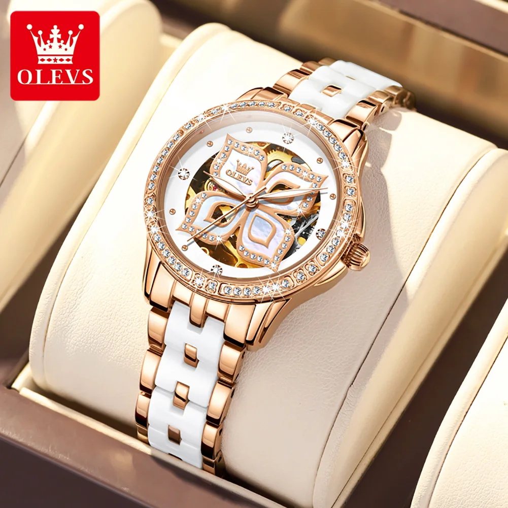 OLEVS Luxury Top Brand Automatic Mechanical Watches For Woman Waterproof Luminous Wristwatch Fashion Leather Strap Diamond Watch enlarge