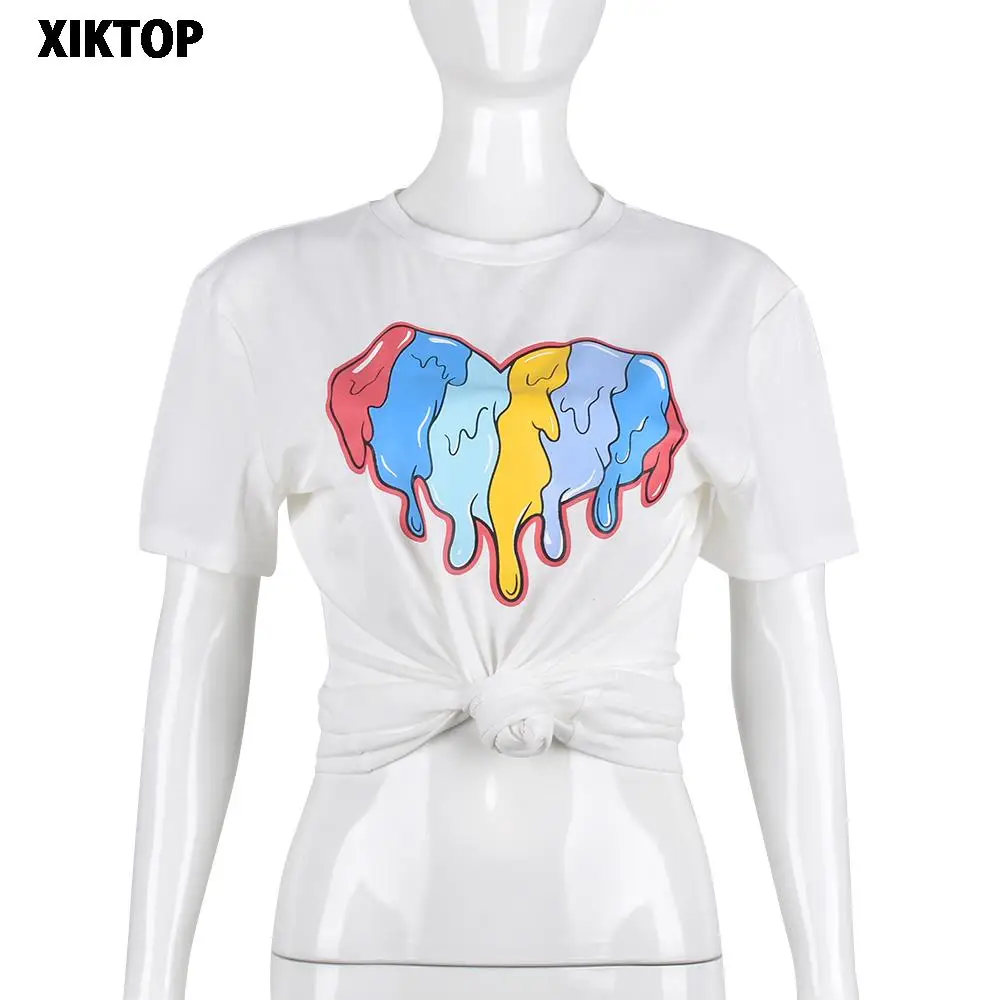 

Xiktop Women Summer Tee Shirt O Neck Short Sleeve Print Tops Sexy Navel Casual Cool Shirt Fairy Girls Y2k Clothing