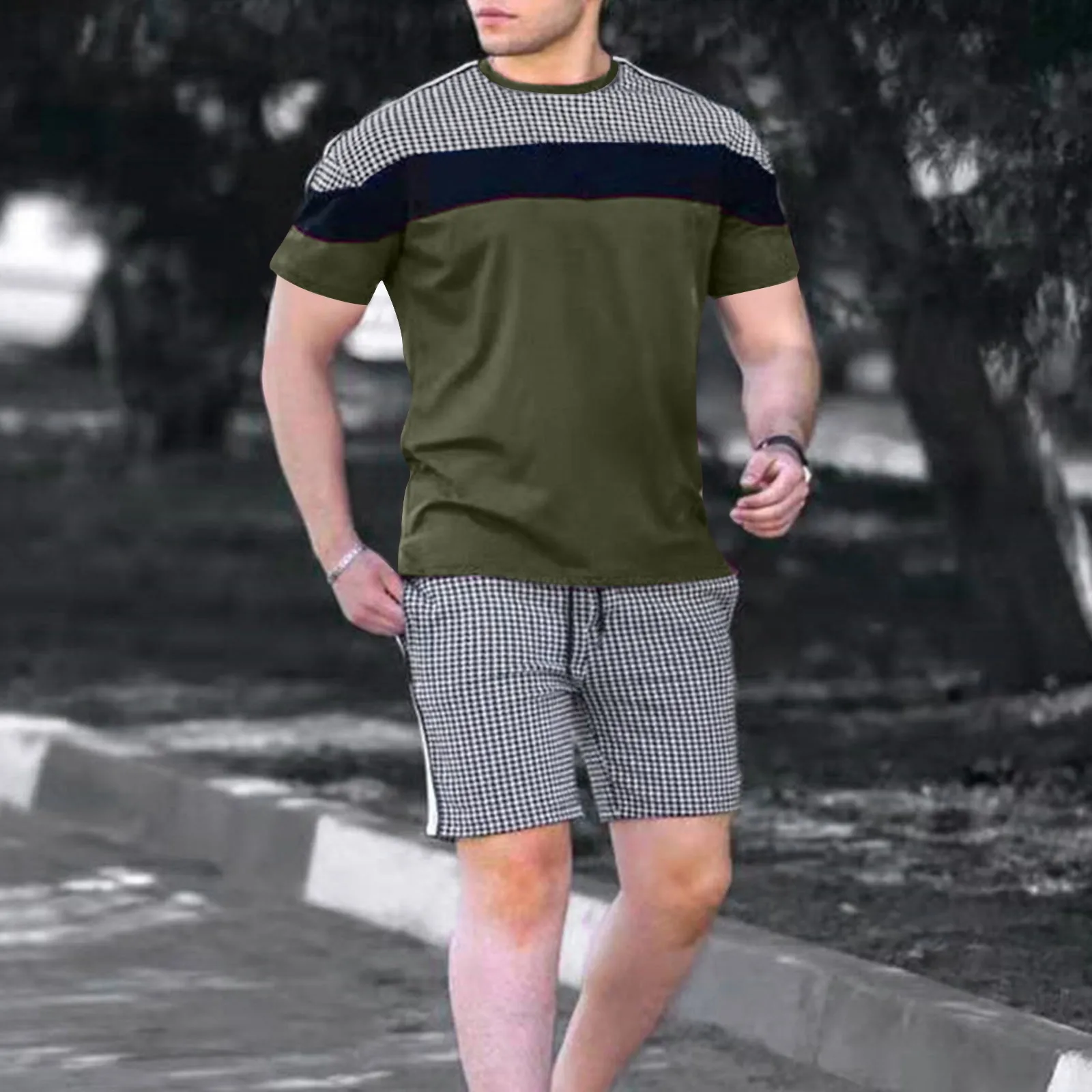 Casual Sportswear Men 2 Piece Suit O-Neck T Shirt Plaid Print Shorts Male Set Tracksuit Ropa Hombre Jogging Conjuntos 2023