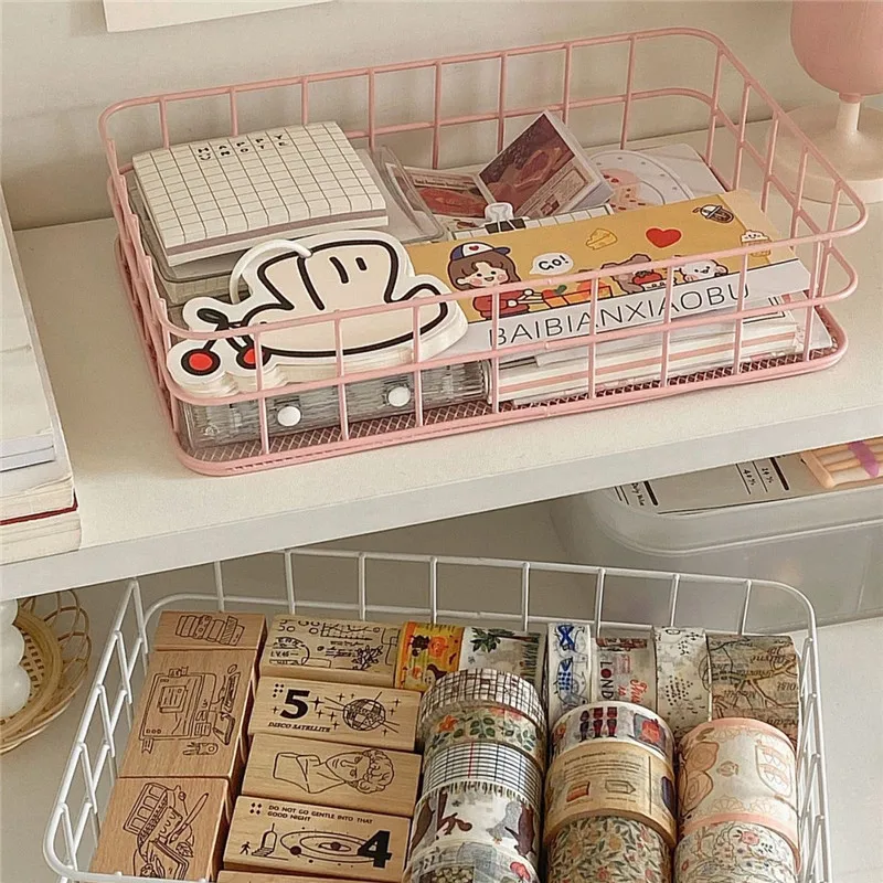 

Nordic Metal Iron Storage Basket Cosmetic Organizer Rack Sundries Storage Container Multifunction Household Office Desktop
