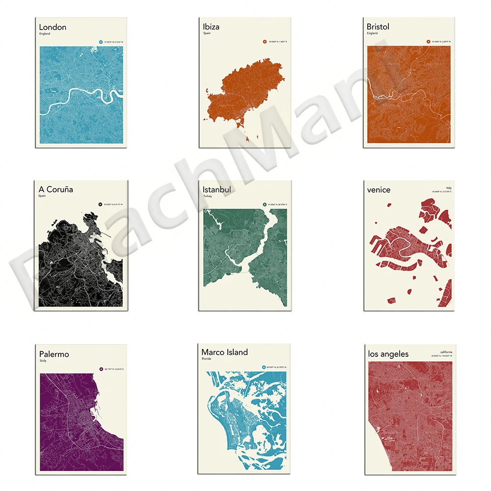 

Palermo Sicily, London, Florida, Bristol, Spain, Ibiza, England, Istanbul, Los Angeles, Hackney Land, Bogota Colombia Map Poster