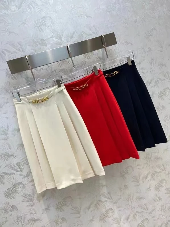 

2022 summer new commuter solid color V-shaped chain age-reducing style all-match women's high-waisted skirt A-line skirt