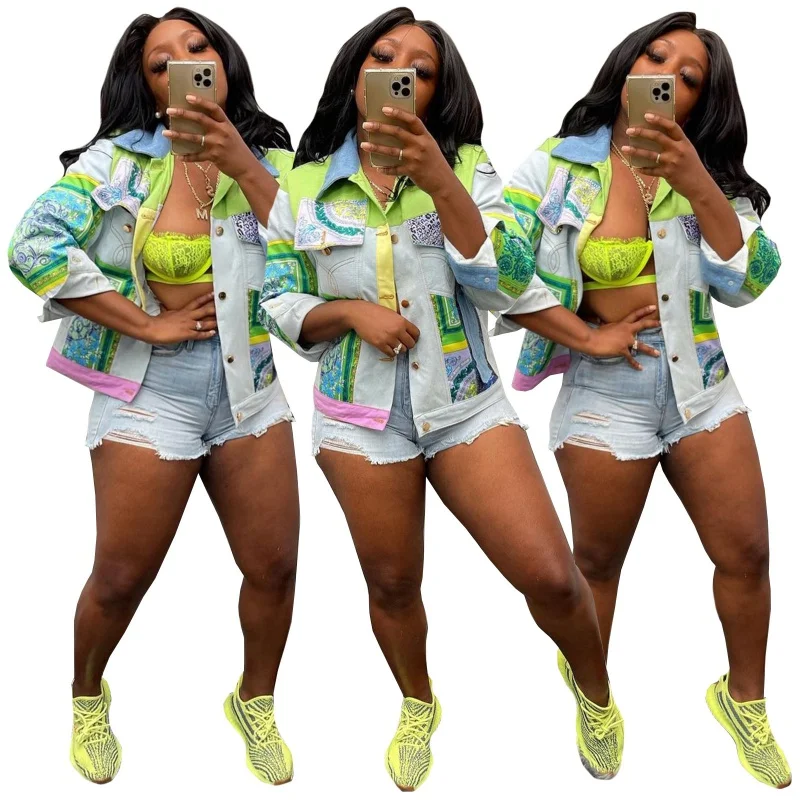 

Женский джинсовый кардиган с цветочным принтом, стильная винтажная куртка в стиле пэчворк, пикантная верхняя одежда для улицы