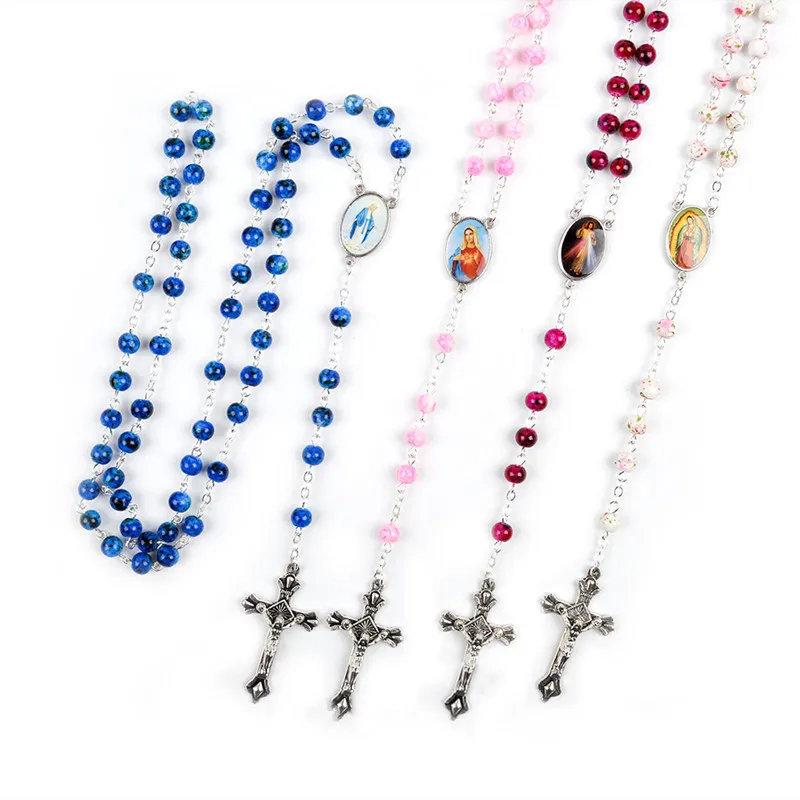 Vintage Cross Rosary Necklace 6mm Round Blue Glass Beads Virgin Mary Jesus Pendant Women Catholic Religious Jewelry | Украшения и