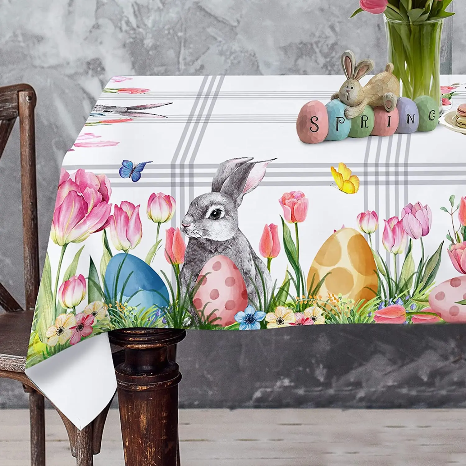 

Spring Easter Waterproof Tablecloth Watercolor Wild Flowers Tulip Lavender Floral Table Cover for Party Picnic Dinner Decor