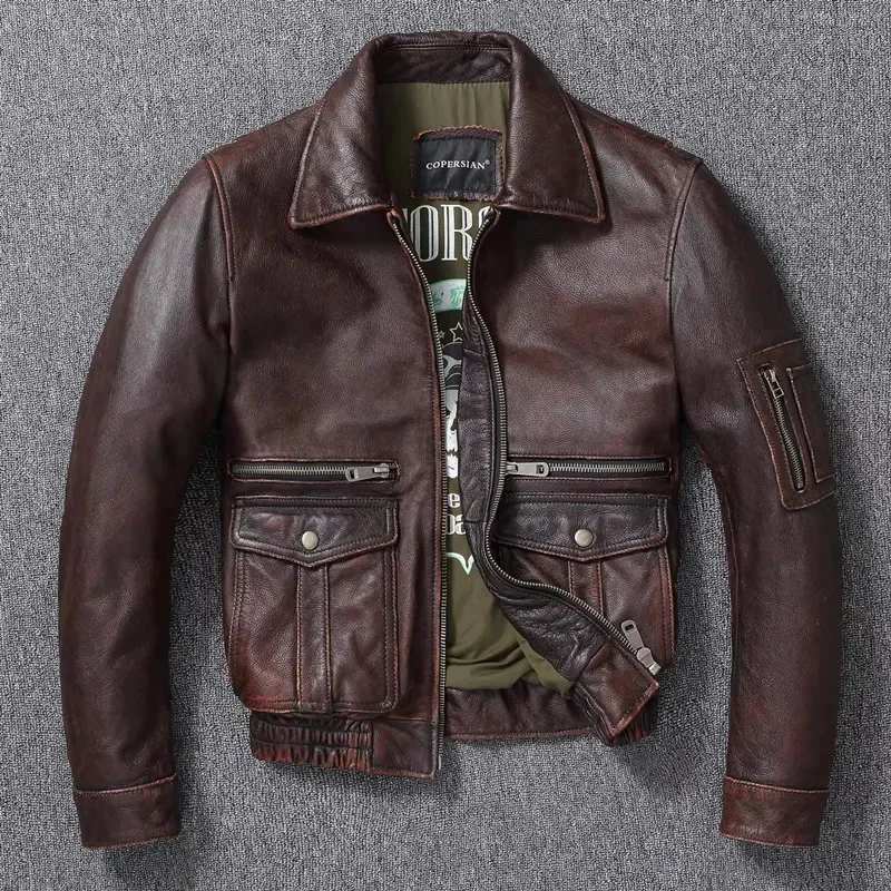 

New Genuine Leather Vintage Stone Milled Top Layer Cowhide Bomber A2 Brown Men's Calfskin Motorcycle Jacket