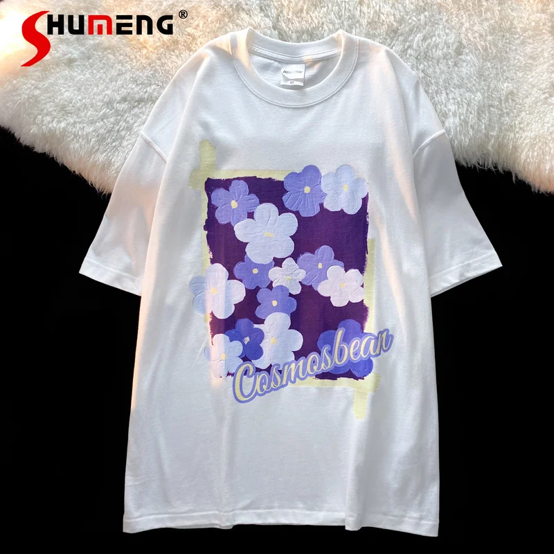 

Flowers Printed Purple Short Sleeve T-shirt Women's Summer Loose Ins Niche Idle Style T Shirt Couple's Tops Tide Fashion Tees