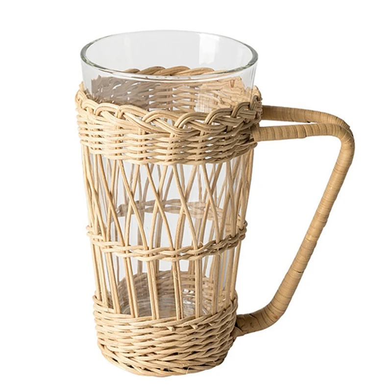 

Vintage Rustic Rattan Cup Holder Comes With Drinking Glass Hand Woven Rattan Cup Holder With Handle For Coffee Tea