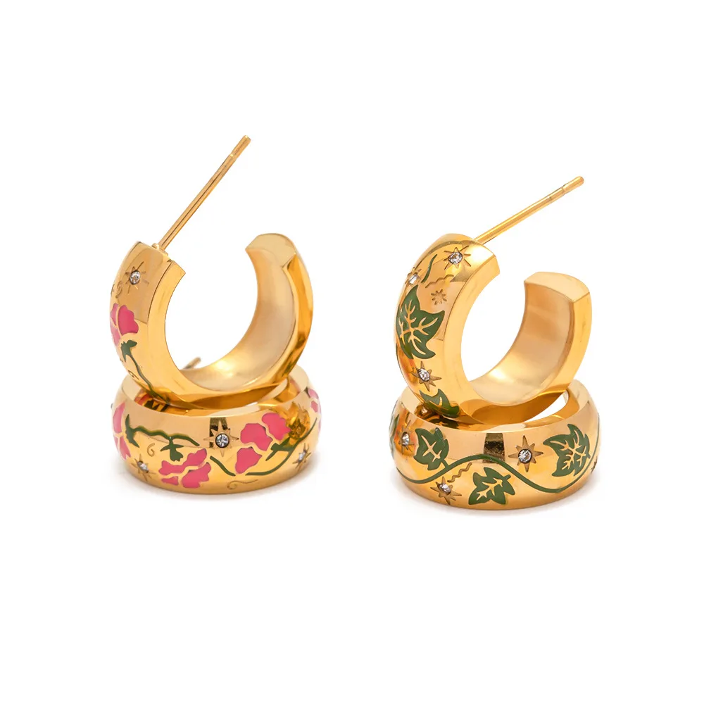 Stainless Steel PVD Gold Plated Tarnish Waterproof Colorful Flower Printed Hoop Earrings For Woman Jewelry Wholesale INS