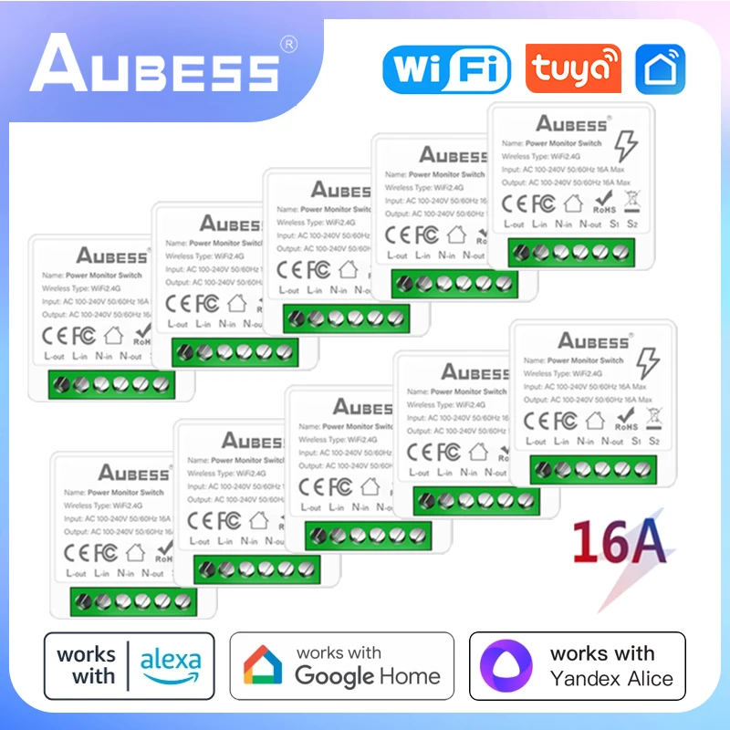 Умный Wi-Fi переключатель AUBESS Tuya, двухсторонний мини-выключатель с поддержкой Alexa, Google Home, Яндекс. Алиса