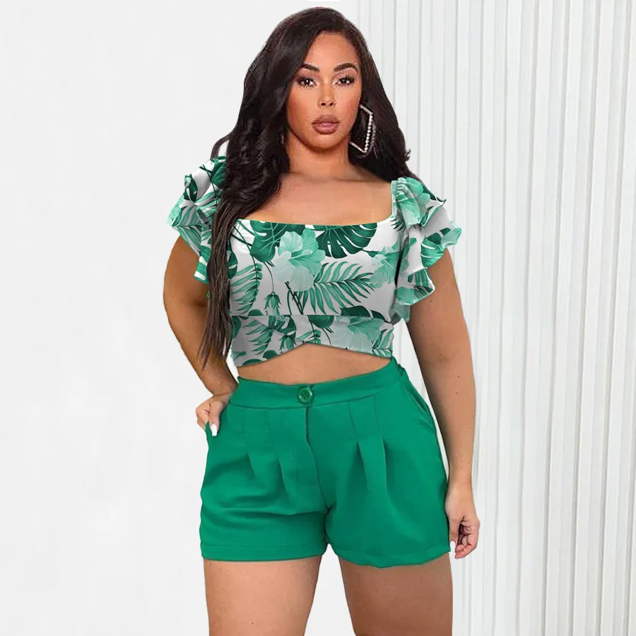 

Fashion Two Peice Set for Women Matching Sets Ruffles Short Sleeves Print Lace-up Top+ High Waist Shorts Summer Vacation Outfits