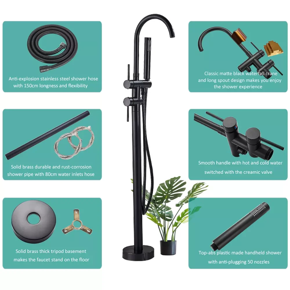 

Black Bathtub Floor Stand Faucet Mixer Single Handle Mixer Tap 360 Rotation Spout With ABS Handshower Bath Mixer Shower