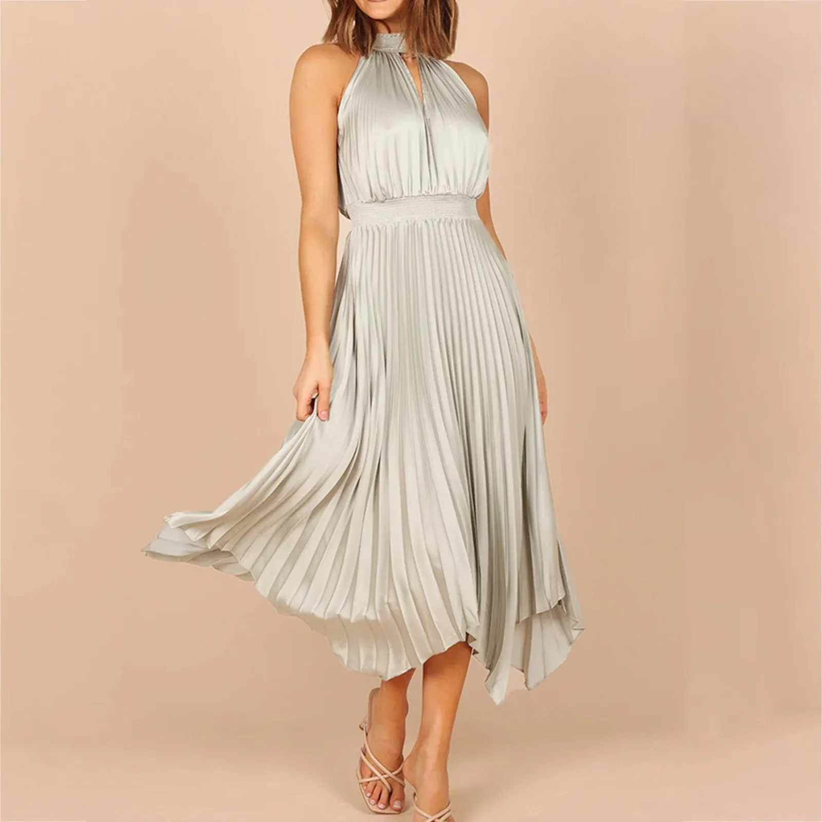

Женское модное Плиссированное однотонное асимметричное платье, Летняя туника без рукавов с лямкой на шее и V-образным вырезом, длинное платье, уличная одежда, платья