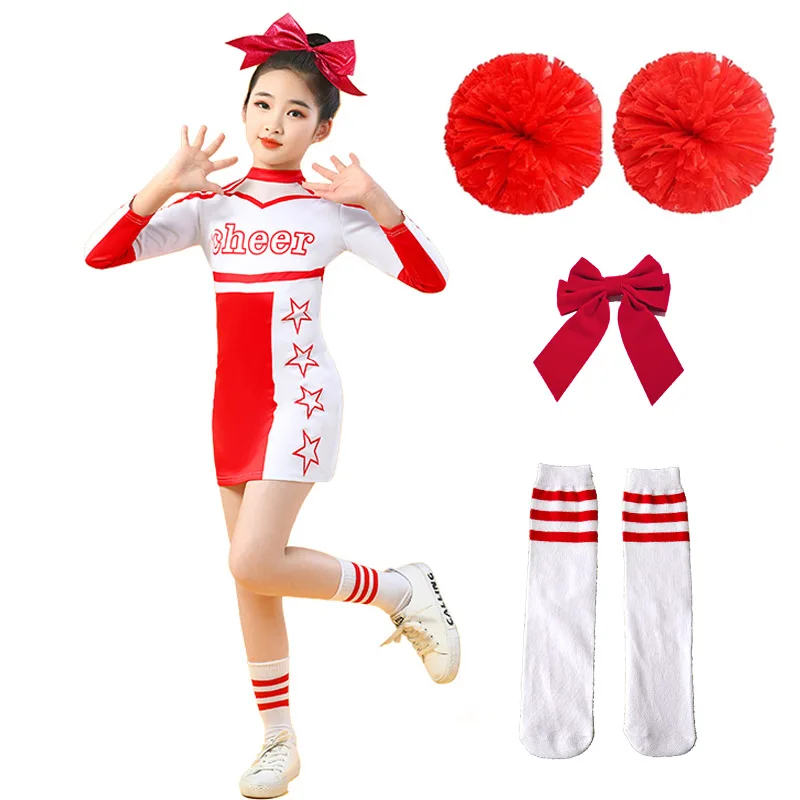 Girls Boy Cheerleader Costume Dress Schoolgirl Dance Costume Long Sleeve With Sock Pompoms Team Sport Suit Kids Cosplay Uniform