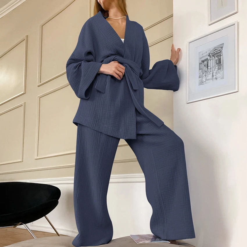 Restve Cotton Women's Nightgown 2 Pieces Set Drop Sleeves Robe Trouser Suits Flare Female Pajamas Summer Bathrobe For Woman 2022