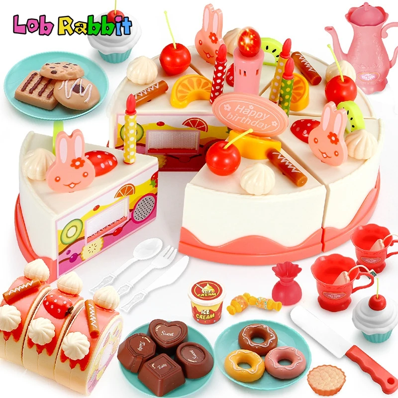 

82Pcs DIY Pretend Play Toy for Girls Simulation Birthday Cake Tea Food With Lighting Music Kitchen Model Toys Set for Kids Gifts