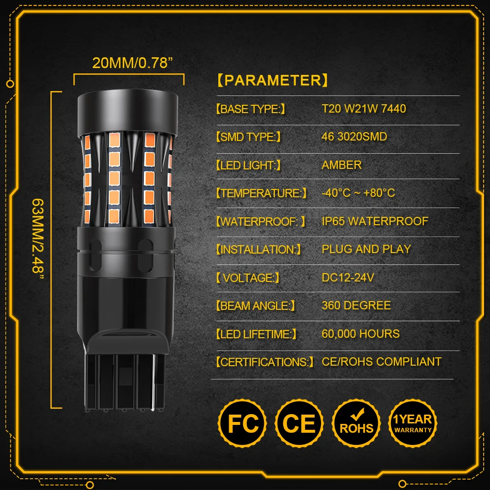 2 шт. 7440 T20 W21W WY21W Янтарная светодиодная лампа Canbus Автомобильный указатель