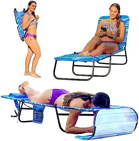 

Face Down Tanning Chaise Lounge Chair - Face & Arm Holes - 2 Legs Support - Polyester Material \u2013 Backrest Positions -