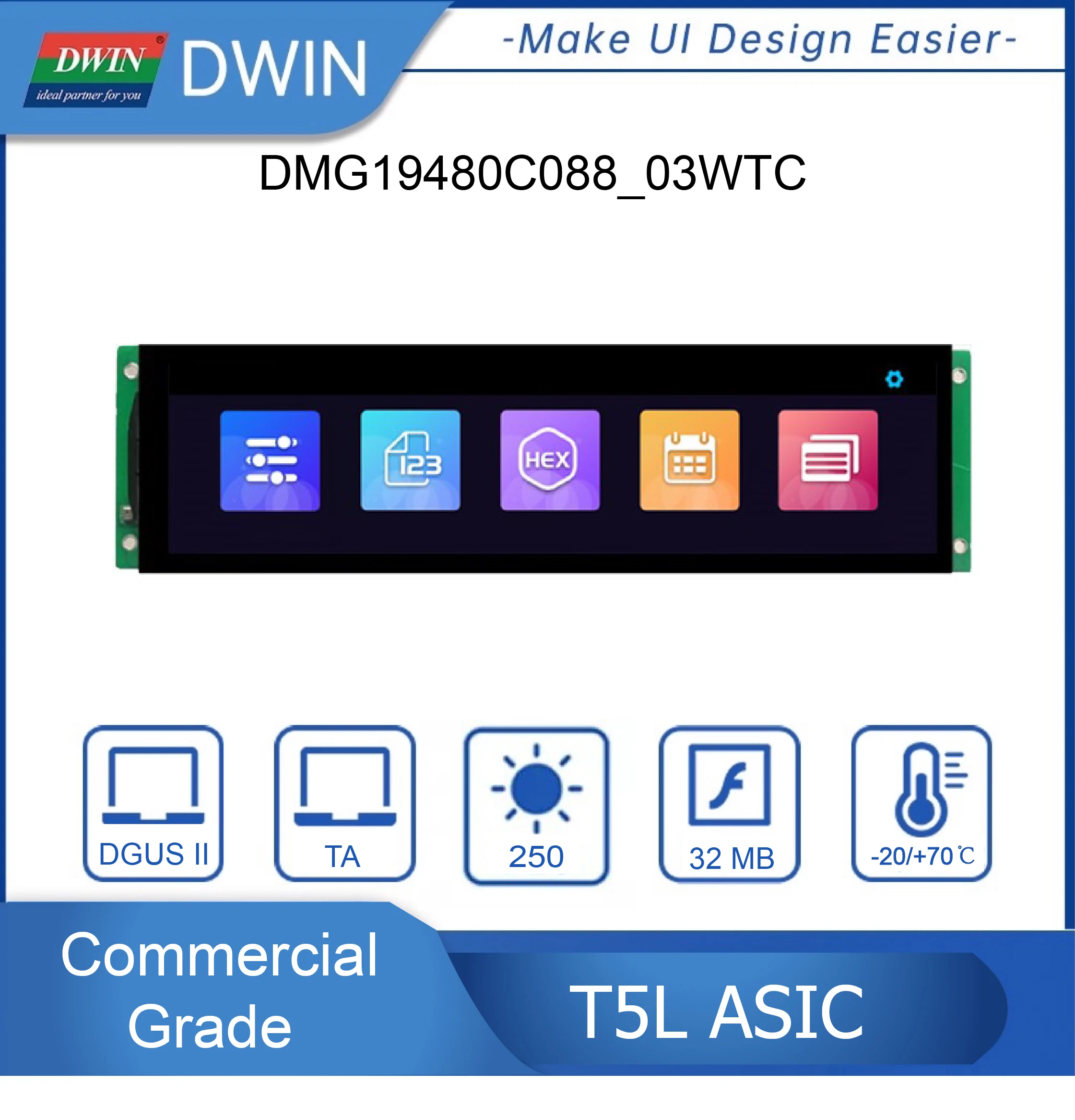8.88 Inch 480*1920 Pixels Resolution 16.7M Colors IPS-TFT-LCD Wide Viewing Angle Commercial Grade