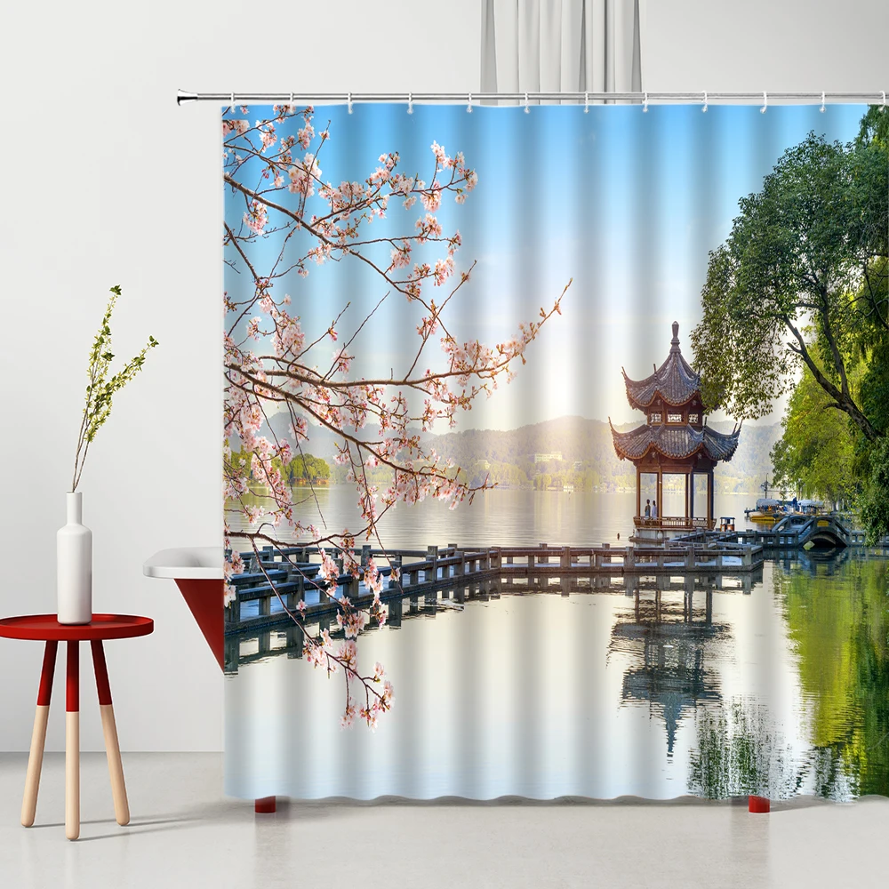 

Nature Pavilion Lake View Shower Curtain Forest Green Plant Lakes Scenery Waterproof Fabric Bathroom Decor With Hook Bath Screen