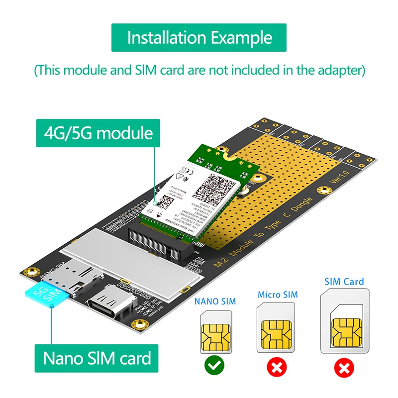Адаптер M.2 B Key 3G/4G/5G к адаптеру типа C со слотом для SIM-карты NANO + кабель USB3.0