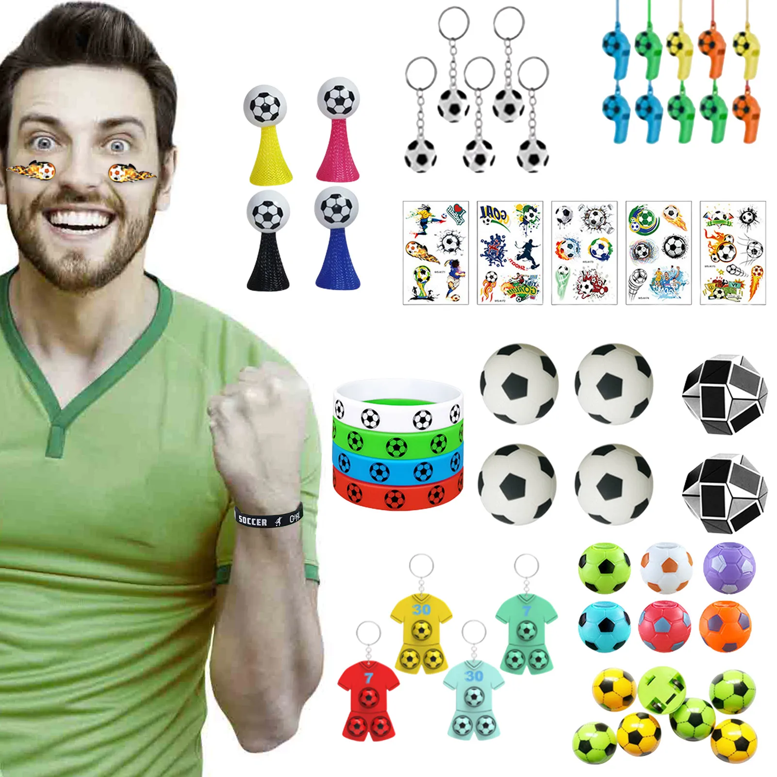 

51pcs Qatar World Soccer Cup Party Favors Bracelet Car Maze Whistle Keychain Cheer Set Soccer Toys Set Boys Toy Gift