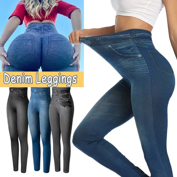 

High Waist Women Denim Look Leggings Super Stretch Imitation Denim Leggings Lady Slim Leggins Hip Lift Black Jeggings Tight Pant