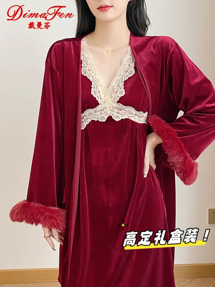 Dai Manfen [Gift Box] Autumn and Winter Diamond Velvet Warm Nightdress Women Year of Fate Red Wedding Pajamas Morning Gowns