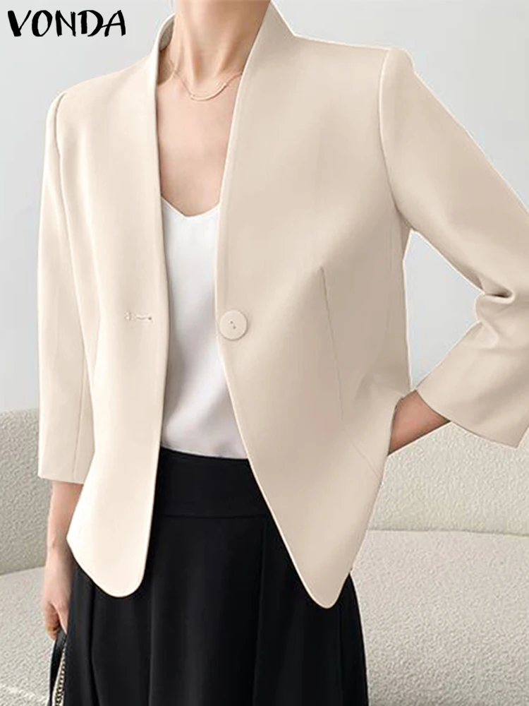 

VONDA Elegant Coats Women Office Blazer 2023 Summer Fashion Sexy V Neck Casual Solid Color Coats Female Coat Streetwear
