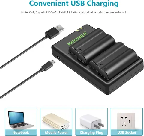 Комплект из 2 комплектов NEEWER EN-EL15, порт Micro USB, аккумулятор емкостью 2100 мАч и зарядное устройство, совместимый с Nikon Z5, Z6, Z6 II, Z7, Z7II